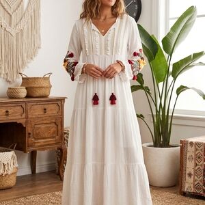 Anthropologie White Embroidered Maxi Dress with Multicolor Sleeve Accents